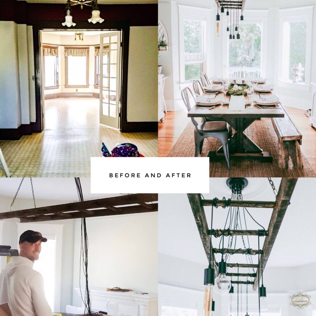 A dining room before and after in a heritage house.