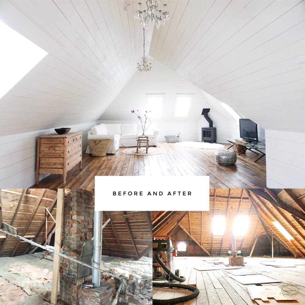 An attic space that has gone through a big renovation and is now a beautiful white living room space.