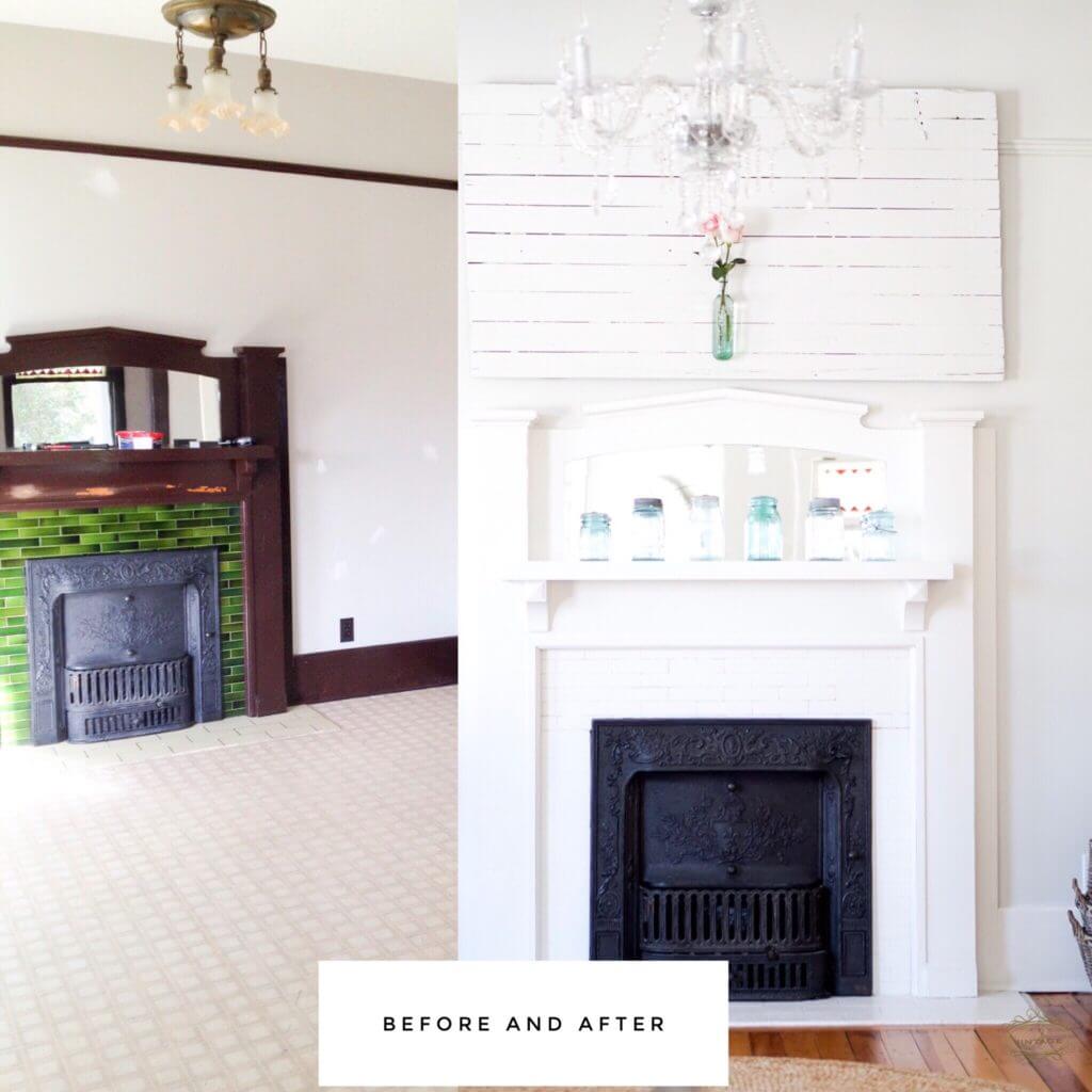 A bedroom before and after that has been renovated with new hardwood floors and paint.