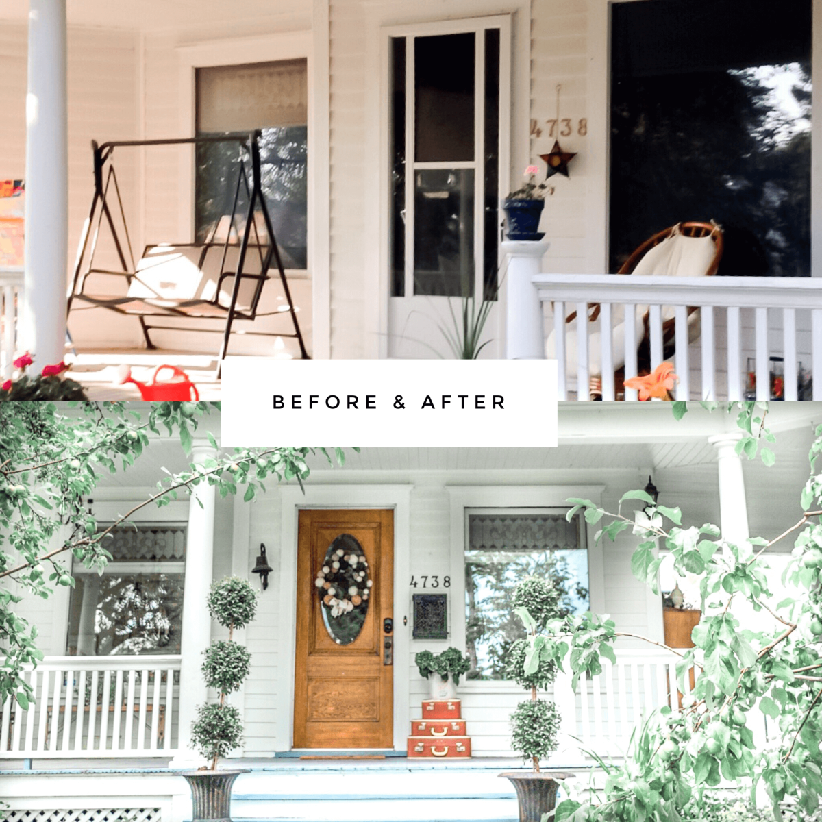 A before and after of a victorian house front deck after a home renovation.