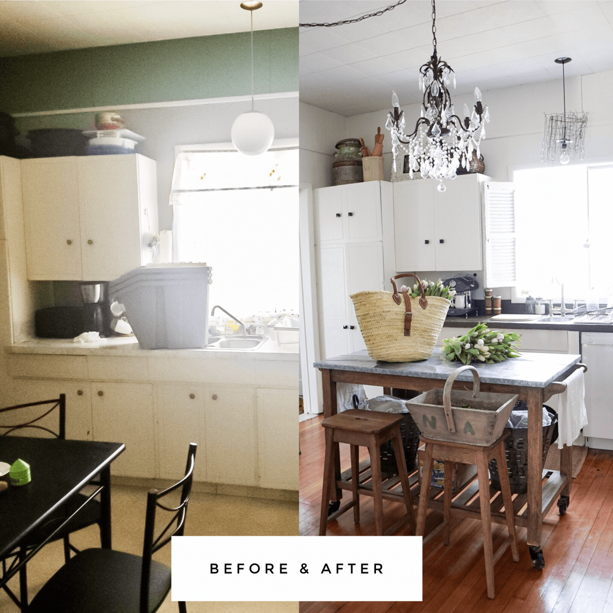 A bedroom before and after that has been renovated with new hardwood floors and paint.