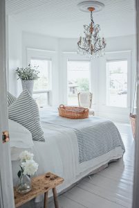 bedroom with linen bedding