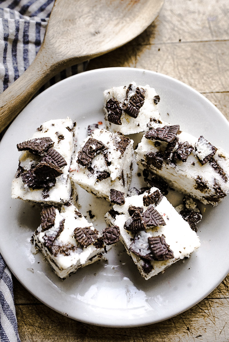 Oreo fudge pieces on a plate