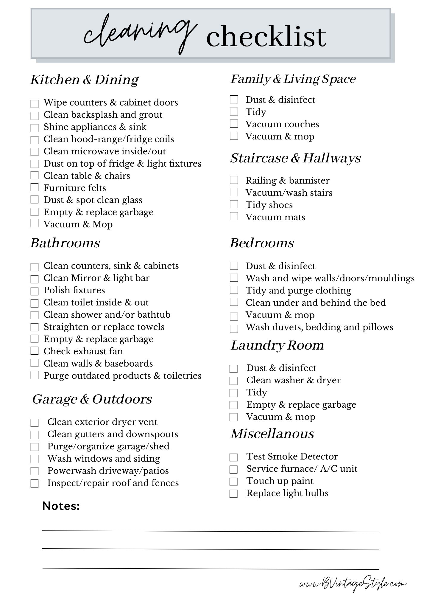 Cleaning Checklist | B Vintage Style