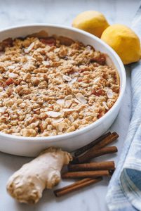 freshly baked rhubarb and ginger crumble