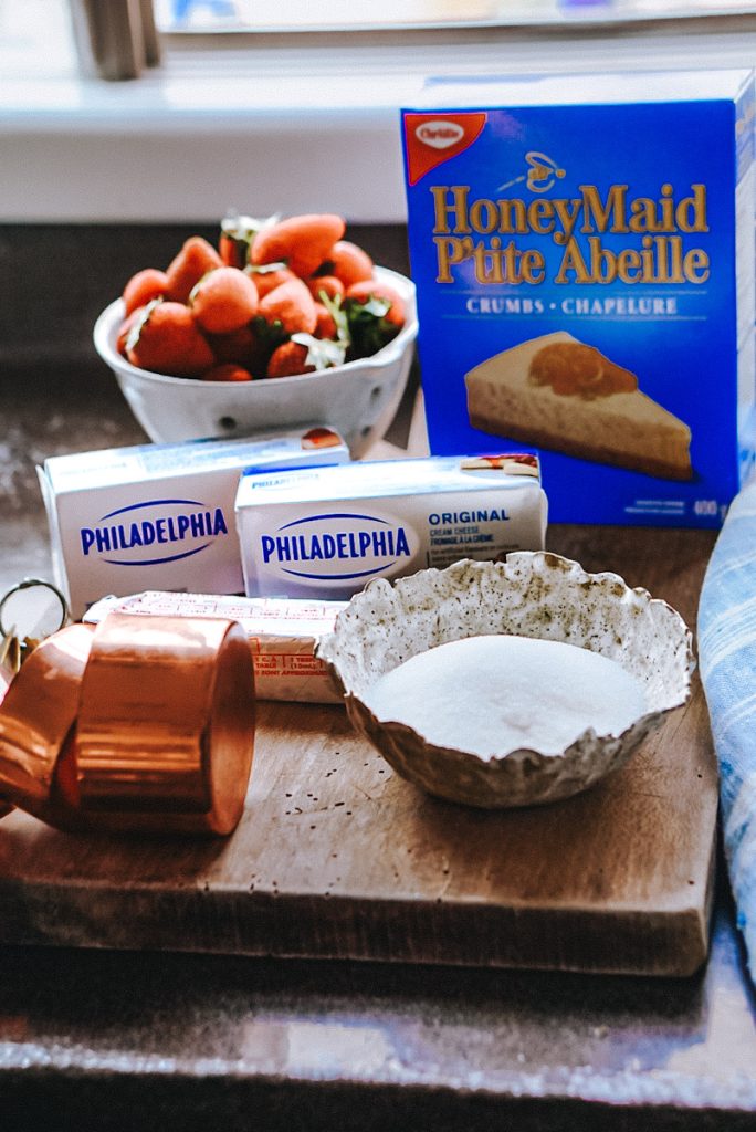 ingredients for making Philadelphia cream cheese strawberry cheesecake