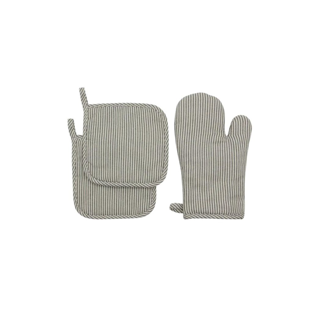 Ticking striped oven mitts.