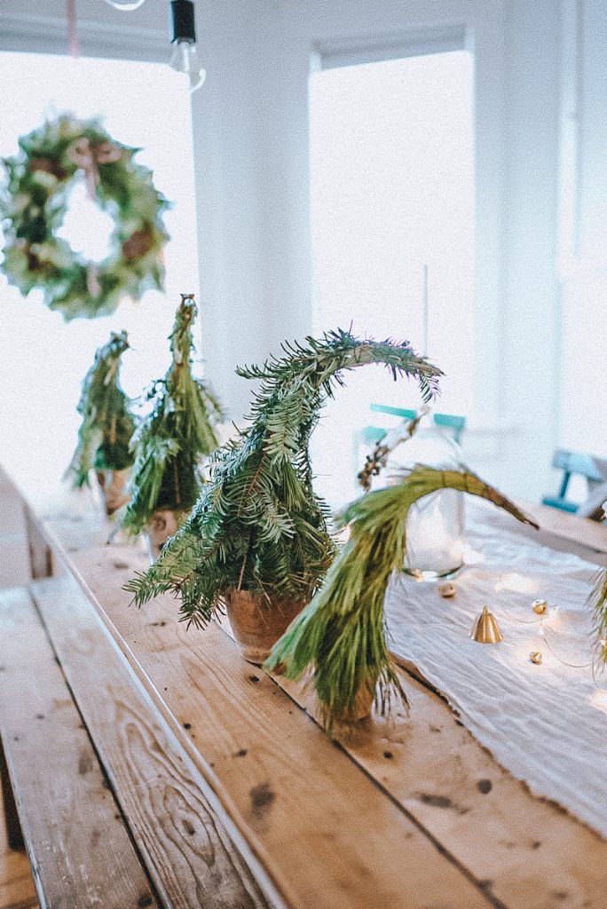 Tabletop Grinch trees made from fresh evergreen branches lined up on a farmhouse table in small antique terracotta pots.