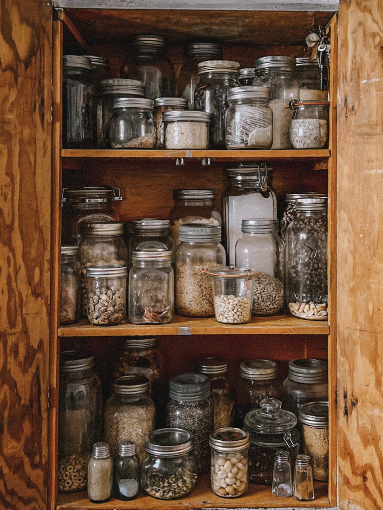 A pantry full of jars that contain different foods like seeds, grains, dried berries and more.