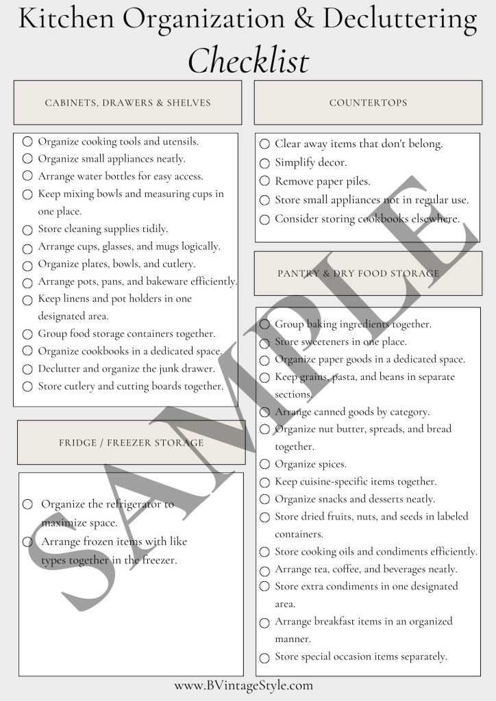 A sample kitchen organization and decluttering checklist.