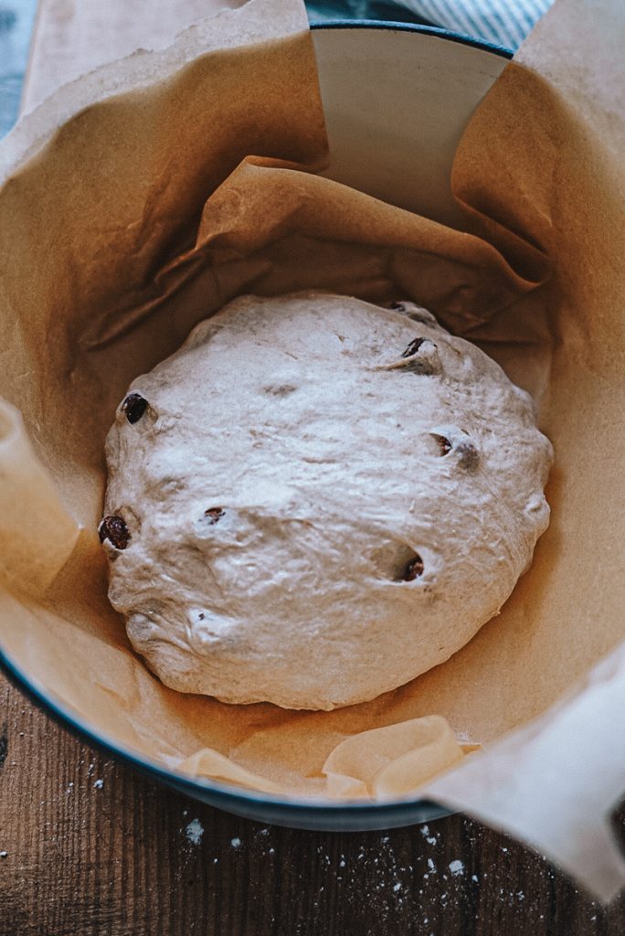 Cinnamon raisin bread dough in a Dutch oven with parchament paper that is ready to bake.
