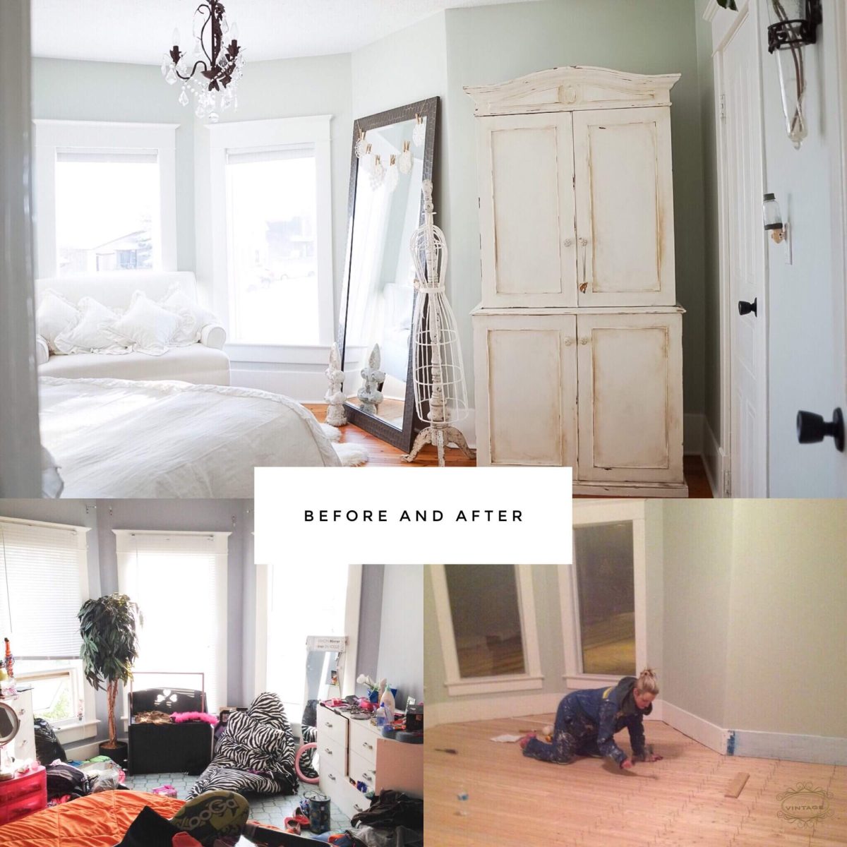 A bedroom before and after that has been renovated with new hardwood floors and paint.