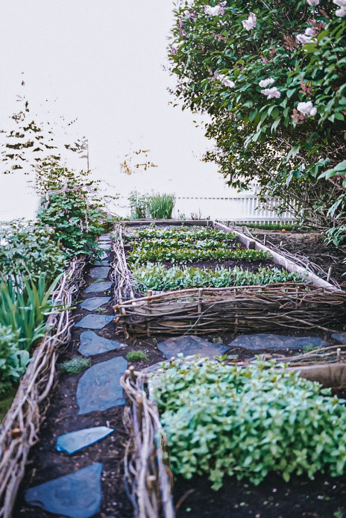 Garden beds made out of willow and made into wattle fencing.