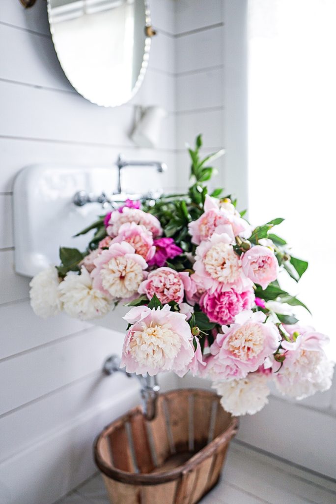 Pink peonies in a vase next to a white sink.
