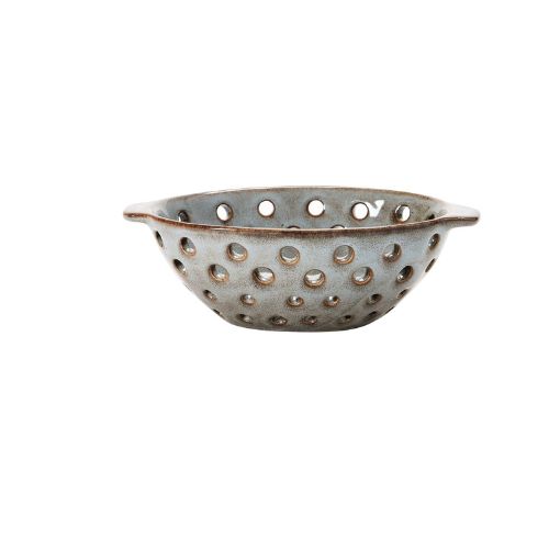 Grey stoneware berry strainer.