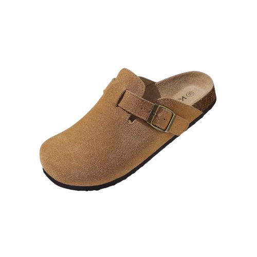 Brown suede clogs.