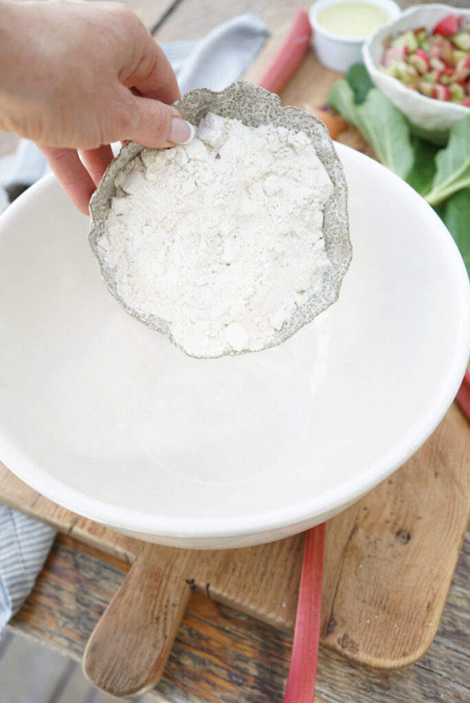 Mixing the dry ingredients of the rhubarb bread.