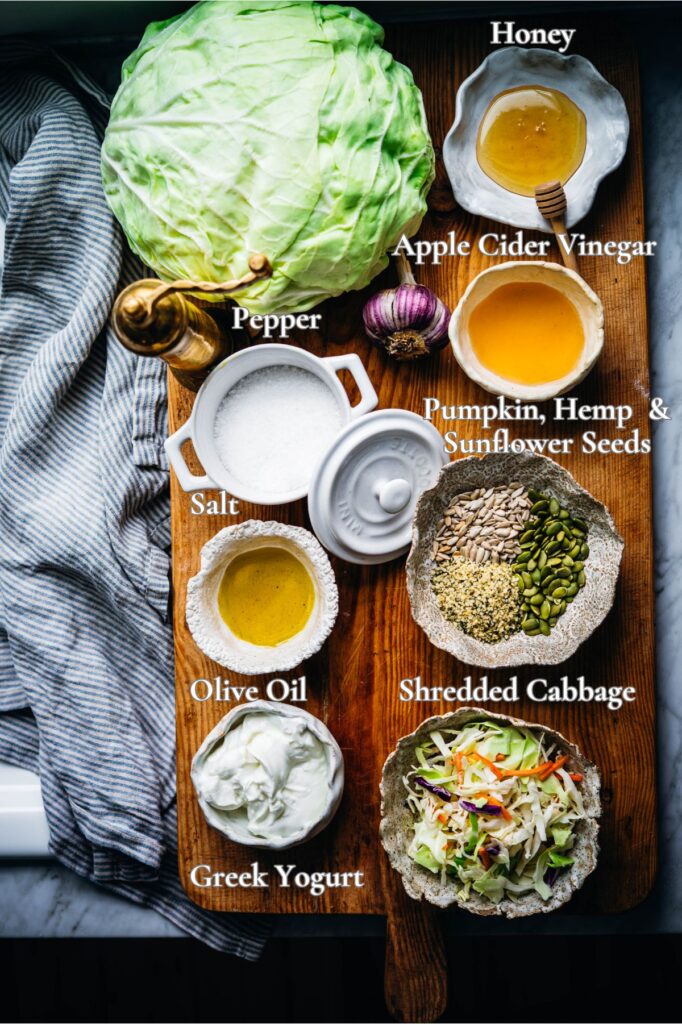 All the ingredients, required for making healthy coleslaw, labeled for convenience.