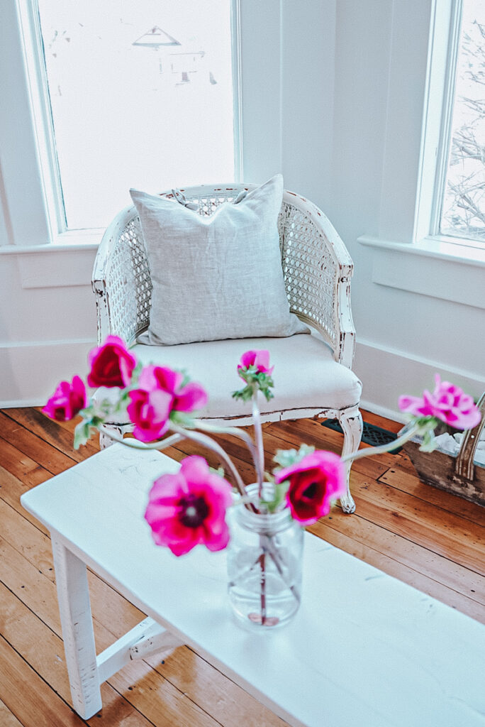 Anemones displayed in a living room space. 